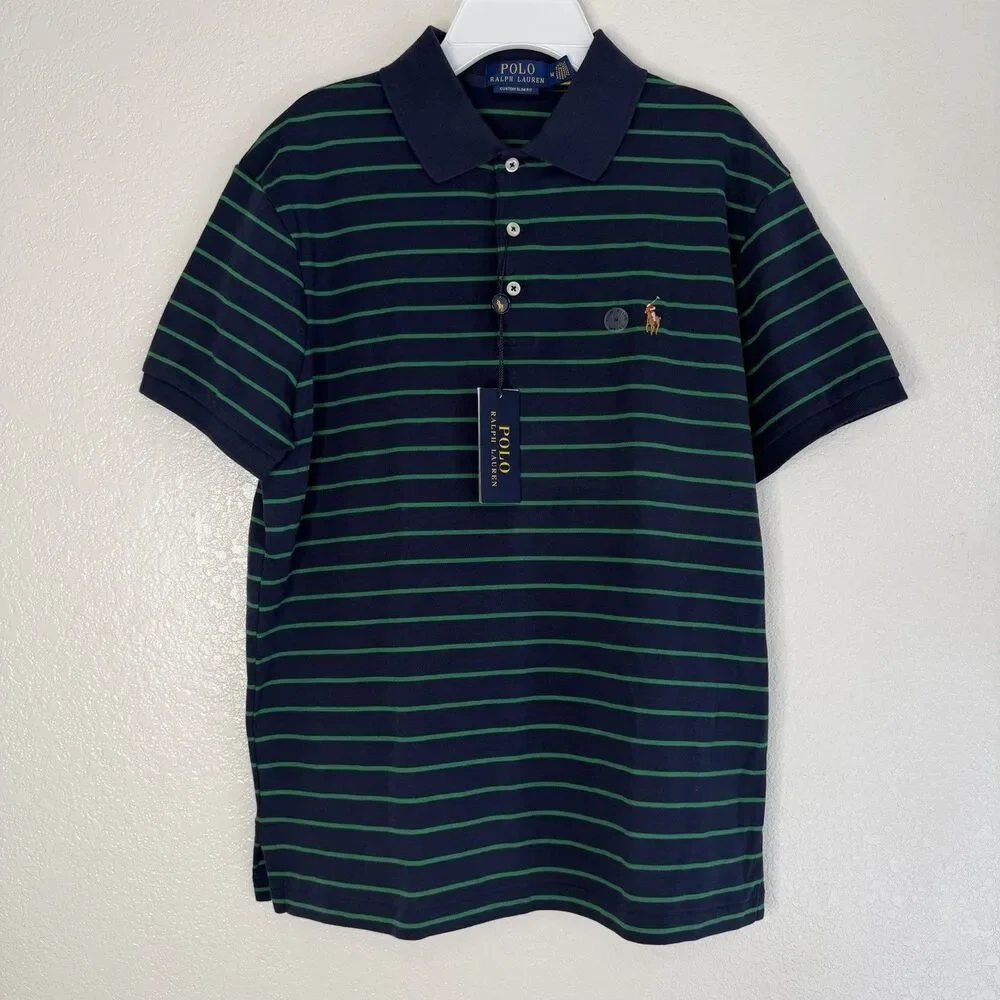 Polo Ralph Lauren Navy Green Striped Polo MEDIUM Custom Slim Fit Cotton Preppy